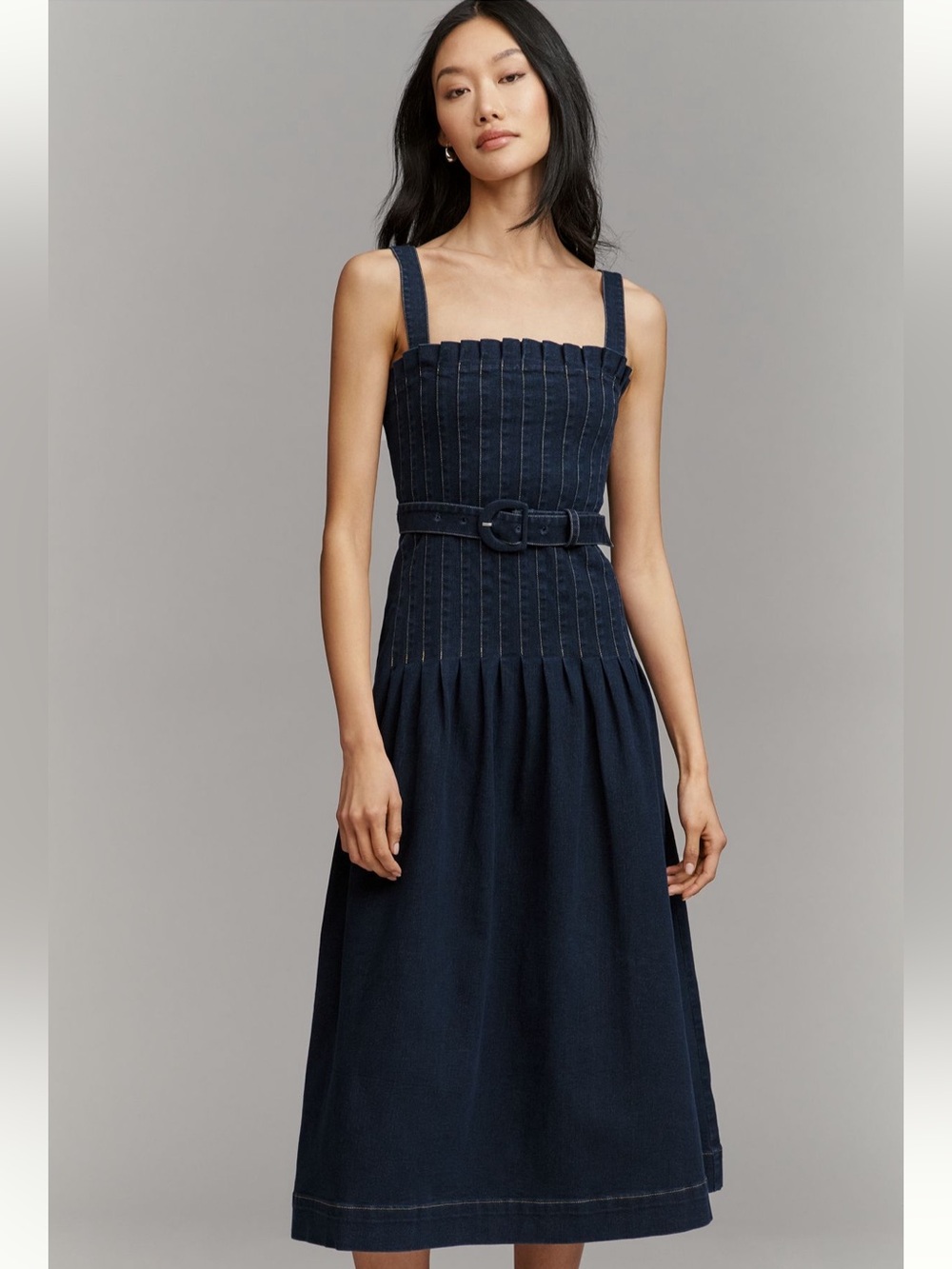 Anthropologie Moon River Square Neck MIDI denim indigo pleated dress Large